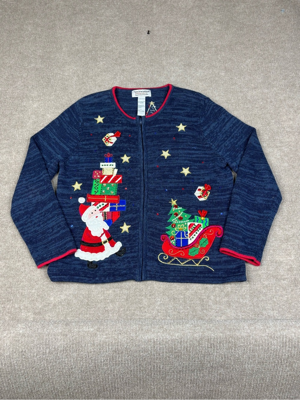 Tiara International Ugly Christmas Sweater Zip Cardigan Womens Large